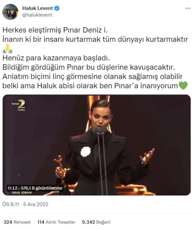 Altın Kelebek'teki konuşmasından herkes sayesinde link verdiği Pınar Deniz'e Haluk Levent sahip çıktı