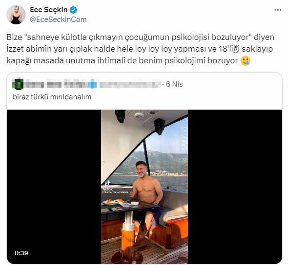 Ece Seçkin'den İzzet Yıldızhan'ın tekne videosuna 'İç çamaşırlarıyla sahneye çıkmasınlar' tepkisi
